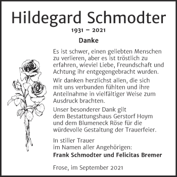 Traueranzeige von Hildegard Schmodter von Trauerkombi Aschersleben