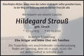 Traueranzeige von Hildegard Strauß von Trauerkombi Bitterfeld