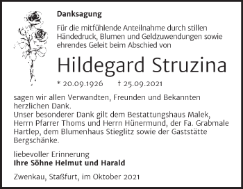Traueranzeige von Hildegard Struzina von Trauerkombi Quedlinburg