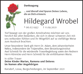 Traueranzeige von Hildegard Wrobel von Wochenspiegel Naumburg/Nebra