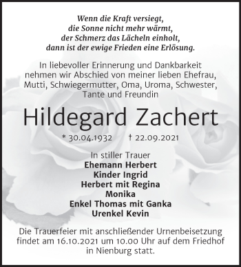 Traueranzeige von Hildegard Zachert von Trauerkombi Bernburg