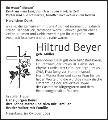 Traueranzeige von Hiltrud Beyer von Wochenspiegel Naumburg/Nebra