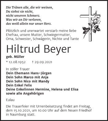 Traueranzeige von Hiltrud Beyer von Wochenspiegel Naumburg/Nebra