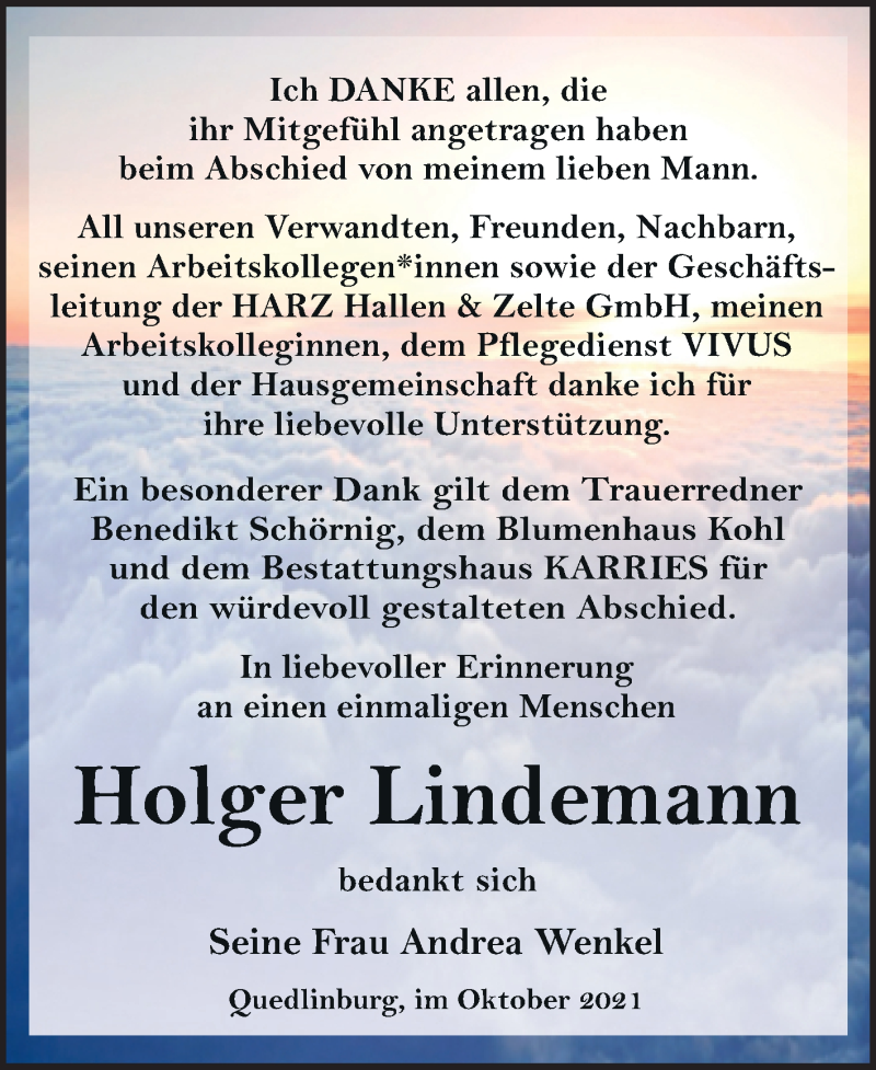  Traueranzeige für Holger Lindemann vom 09.10.2021 aus Trauerkombi Quedlinburg