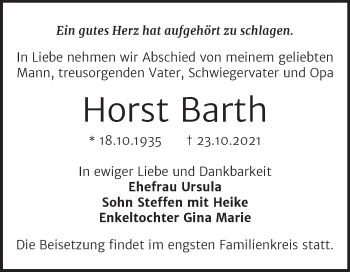 Traueranzeige von Horst Barth von Mitteldeutsche Zeitung Halle/Saalkreis