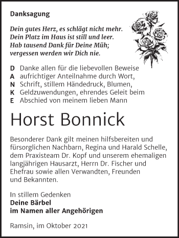 Traueranzeige von Horst Bonnick von Trauerkombi Bitterfeld
