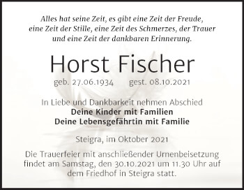 Traueranzeige von Horst Fischer von Trauerkombi Merseburg