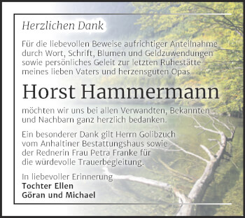 Traueranzeige von Horst Hammermann von Trauerkombi Dessau