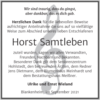 Traueranzeige von Horst Samtleben von Trauerkombi Sangerhausen