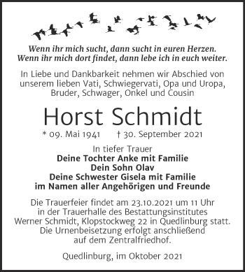 Traueranzeige von Horst Schmidt von Trauerkombi Quedlinburg
