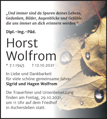 Traueranzeige von Horst Wolfrom von Trauerkombi Aschersleben