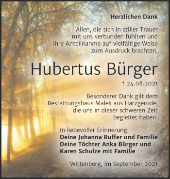 Traueranzeige von Hubertus Bürger von Trauerkombi Wittenberg