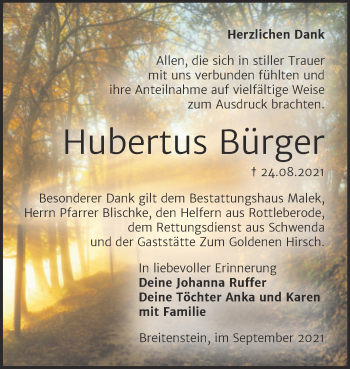 Traueranzeige von Hubertus Bürger von Trauerkombi Sangerhausen
