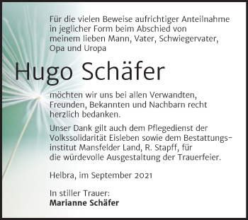 Traueranzeige von Hugo Schäfer von Trauerkombi Mansfelder Land