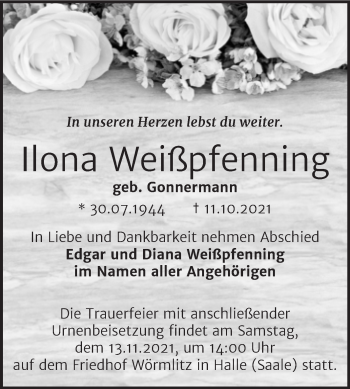 Traueranzeige von Ilona Weißpfenning von Mitteldeutsche Zeitung Halle/Saalkreis
