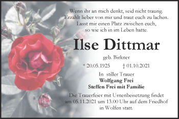Traueranzeige von Ilse Dittmar von Trauerkombi Bitterfeld