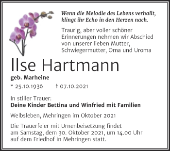 Traueranzeige von Ilse Hartmann von Trauerkombi Aschersleben