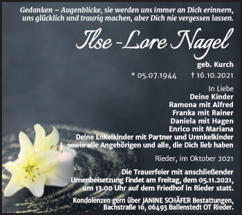 Traueranzeige von Ilse-Lore Nagel von Trauerkombi Quedlinburg