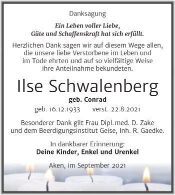 Traueranzeige von Ilse Schwalenberg von Trauerkombi Köthen