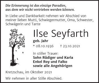 Traueranzeige von Ilse Seyfarth von Trauerkombi Zeitz