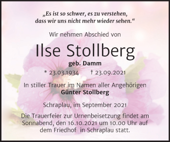 Traueranzeige von Ilse Stollberg von Trauerkombi Merseburg