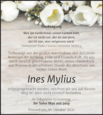 Traueranzeige von Ines Mylius von Naumburger Tageblatt