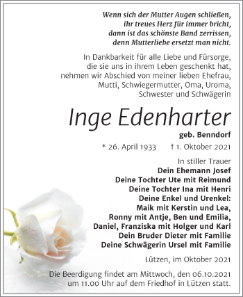Traueranzeige von Inge Edenharter von Mitteldeutsche Zeitung Weißenfels
