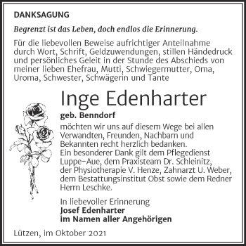 Traueranzeige von Inge Edenharter von Trauerkombi Weißenfels