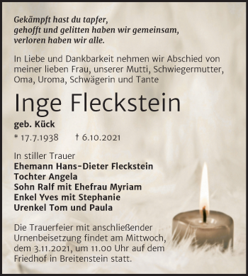 Traueranzeige von Inge Fleckstein von Trauerkombi Sangerhausen
