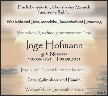 Traueranzeige von Inge Hofmann von Trauerkombi Weißenfels