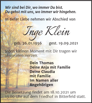 Traueranzeige von Inge Klein von Trauerkombi Bitterfeld