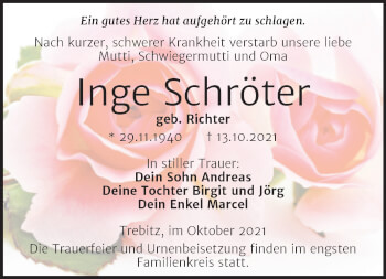 Traueranzeige von Inge Schröter von Trauerkombi Wittenberg