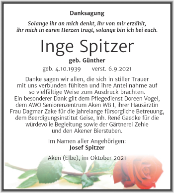 Traueranzeige von Inge Spitzer von Trauerkombi Köthen