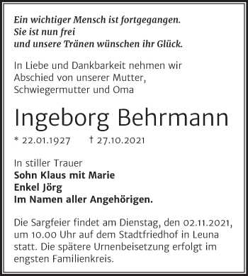 Traueranzeige von Ingeborg Behrmann von Trauerkombi Merseburg