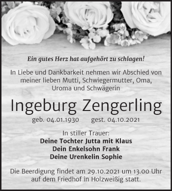Traueranzeige von Ingeburg Zengerling von Trauerkombi Bitterfeld