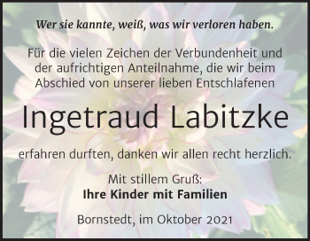 Traueranzeige von Ingetraud Labitzke von Trauerkombi Mansfelder Land