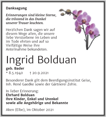 Traueranzeige von Ingrid Bolduan von Trauerkombi Köthen