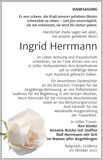 Traueranzeige von Ingrid Herrmann von Wochenspiegel Naumburg/Nebra