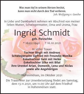 Traueranzeige von Ingrid Schmidt von Trauerkombi Weißenfels