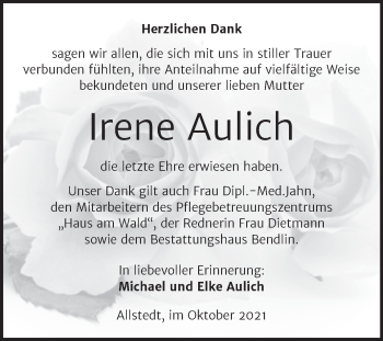 Traueranzeige von Irene Aulich von Trauerkombi Sangerhausen