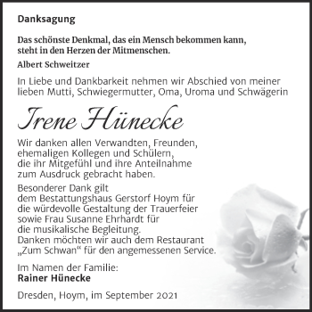 Traueranzeige von Irene Hünecke von Trauerkombi Aschersleben