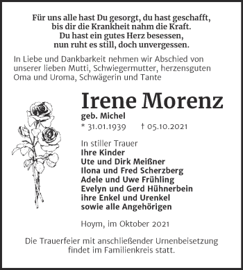 Traueranzeige von Irene Morenz von Trauerkombi Aschersleben