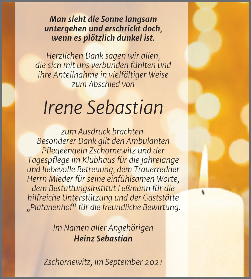  Traueranzeige für Irene Sebastian vom 02.10.2021 aus Trauerkombi Wittenberg