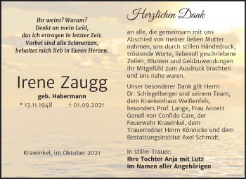 Traueranzeige von Irene Zaugg von Wochenspiegel Naumburg/Nebra