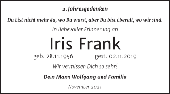 Traueranzeige von Iris Frank von Trauerkombi Wittenberg