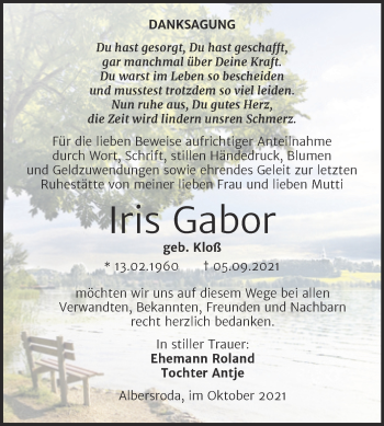 Traueranzeige von Iris Gabor von Trauerkombi Merseburg