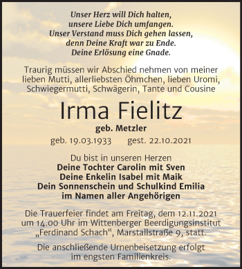 Traueranzeige von Irma Fielitz von Trauerkombi Wittenberg