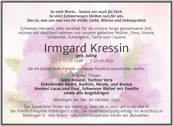 Traueranzeige von Irmgard Kressin von Trauerkombi Mansfelder Land