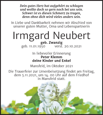 Traueranzeige von Irmgard Neubert von Trauerkombi Mansfelder Land