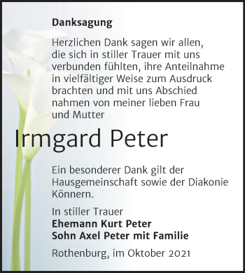 Traueranzeige von Irmgard Peter von Mitteldeutsche Zeitung Halle/Saalkreis